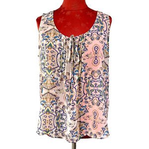 Miss Daisy Casual Size L Sheer Pink Blue Floral Sleeveless Peasant Top Tie Neck